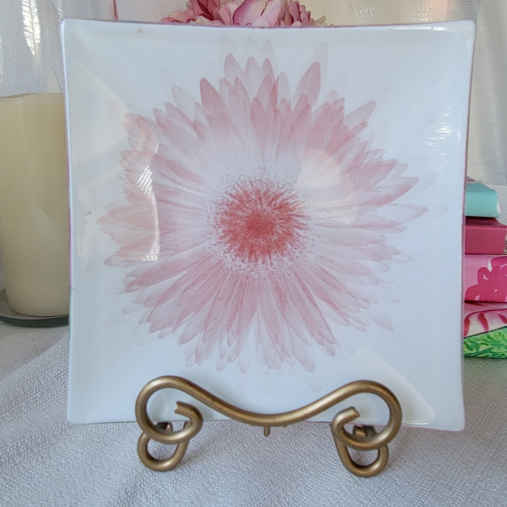 Pink Daisy Square Glass Trinket Plate